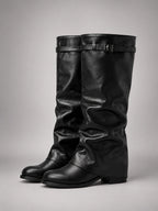 Women's Slouchy Knee High Boots – Buckle Cuff Block Heel - Black