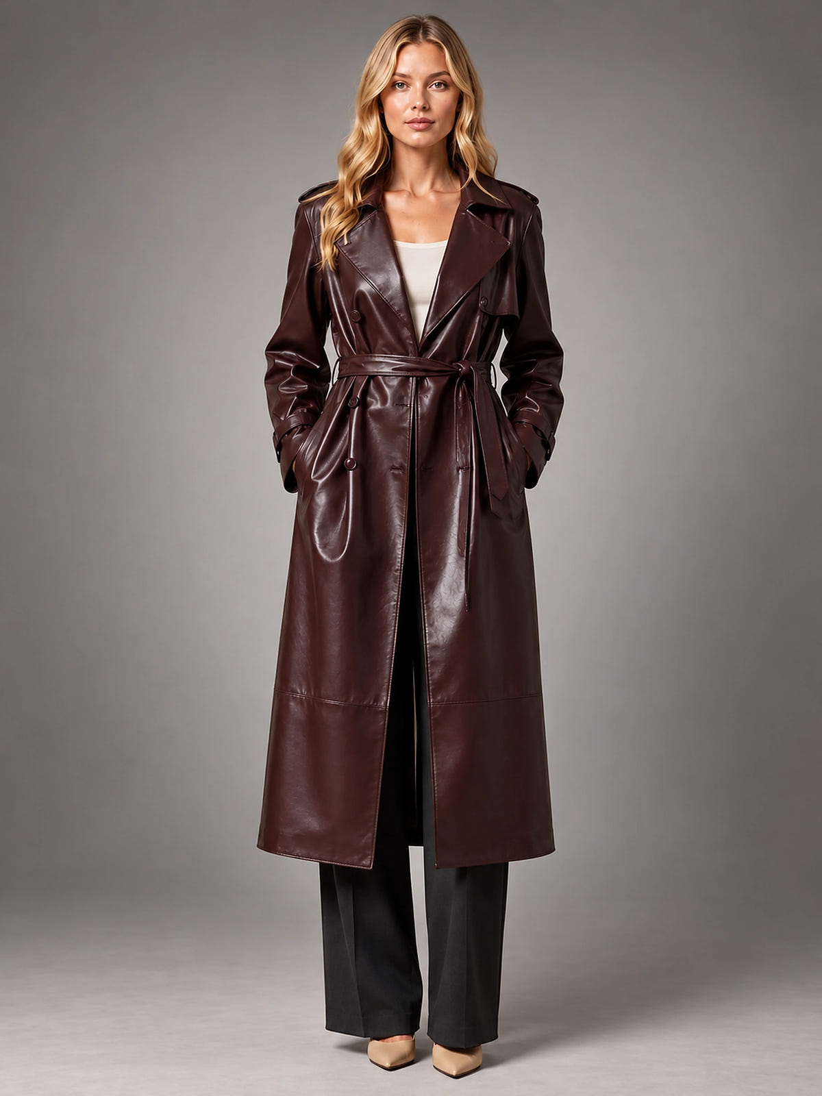 Women's Faux Leather Trench Coat – Long Belted Maxi - Dark Red