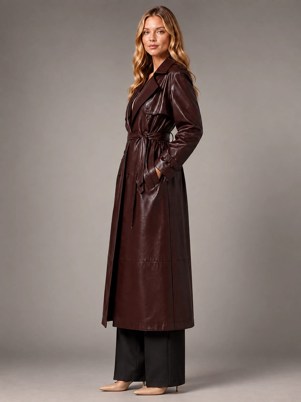 Women's Faux Leather Trench Coat – Long Belted Maxi - Dark Red