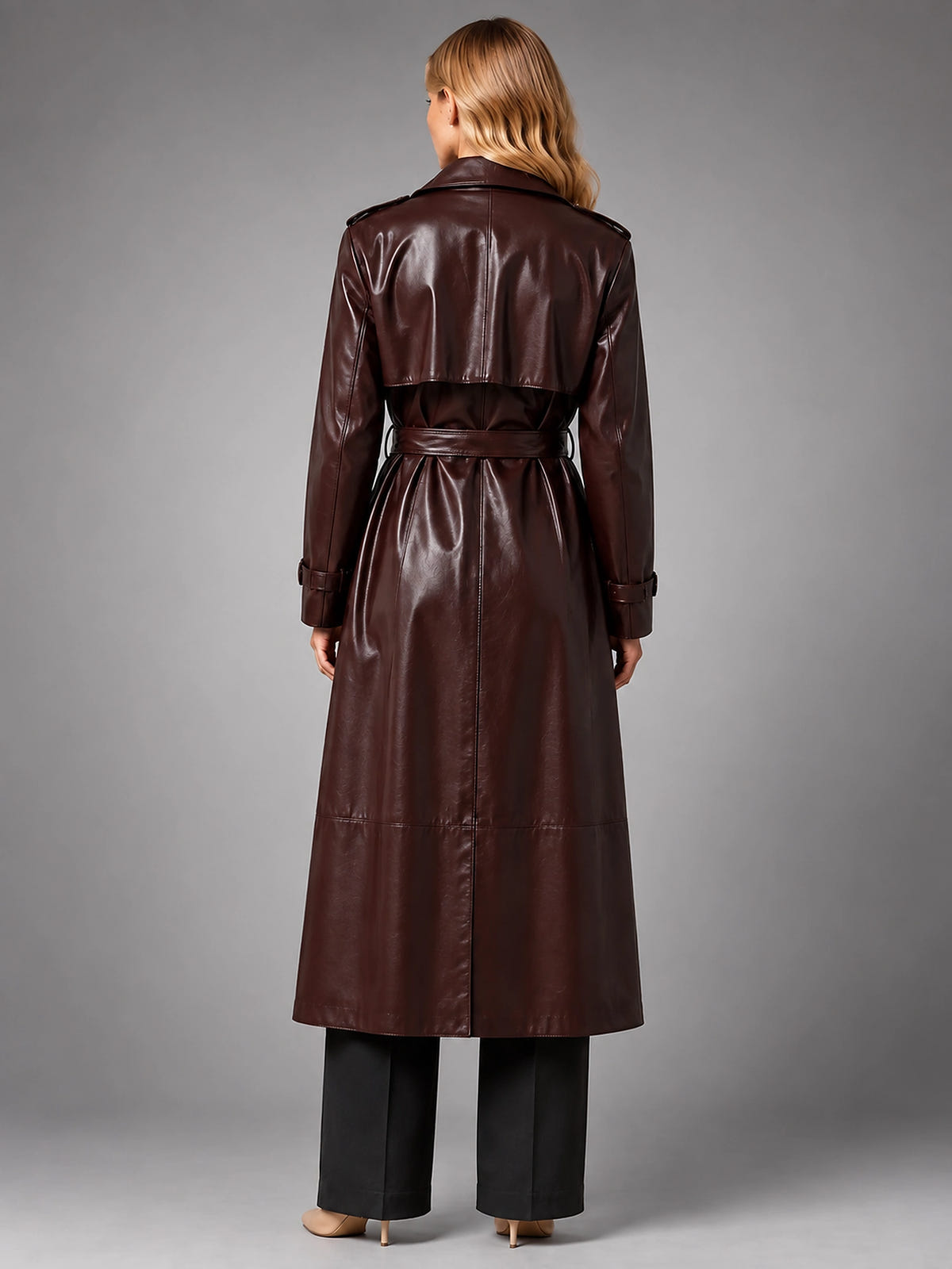 Women's Faux Leather Trench Coat – Long Belted Maxi - Dark Red