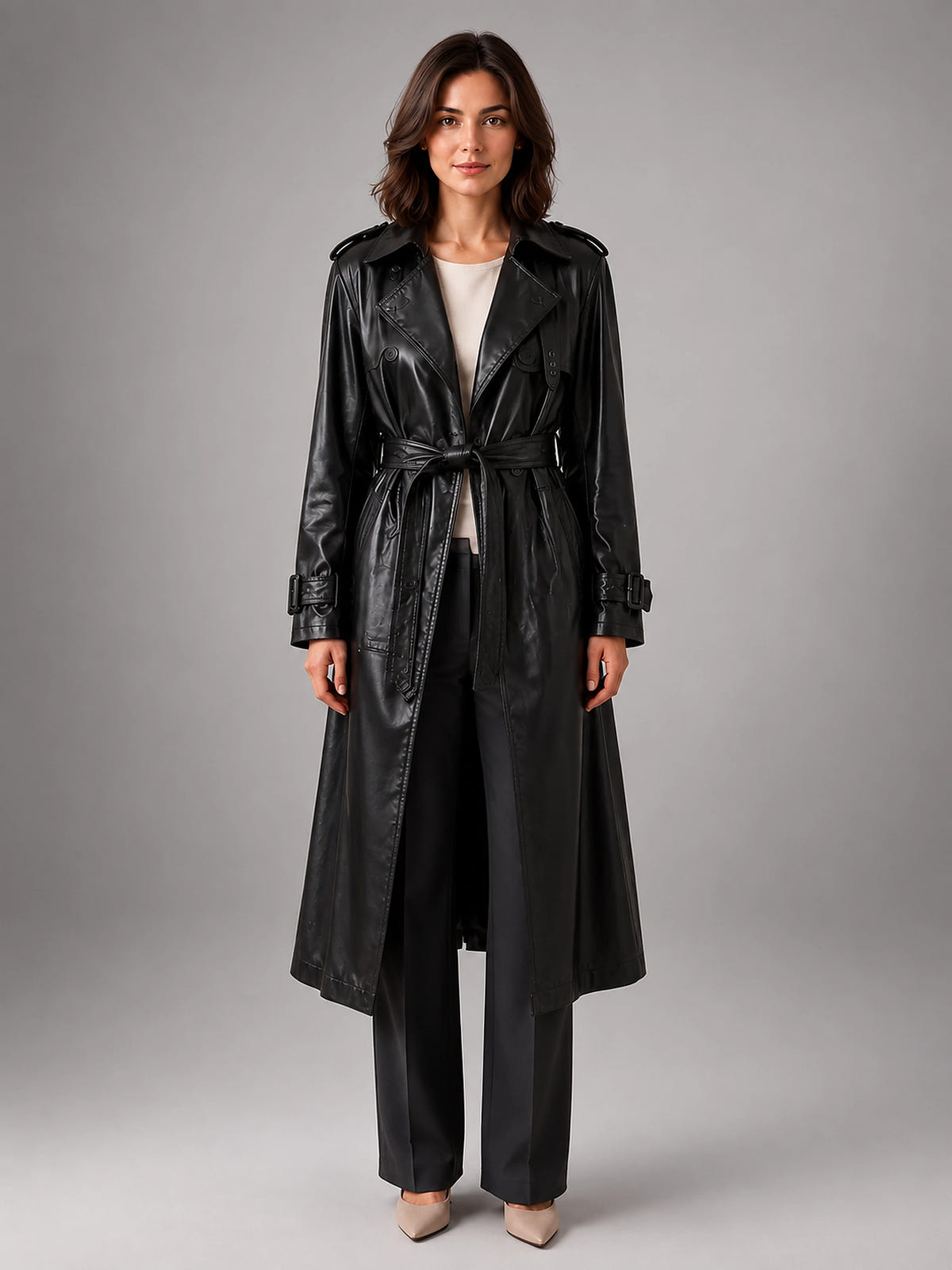 Women's Faux Leather Trench Coat – Longline Double Breasted - Black