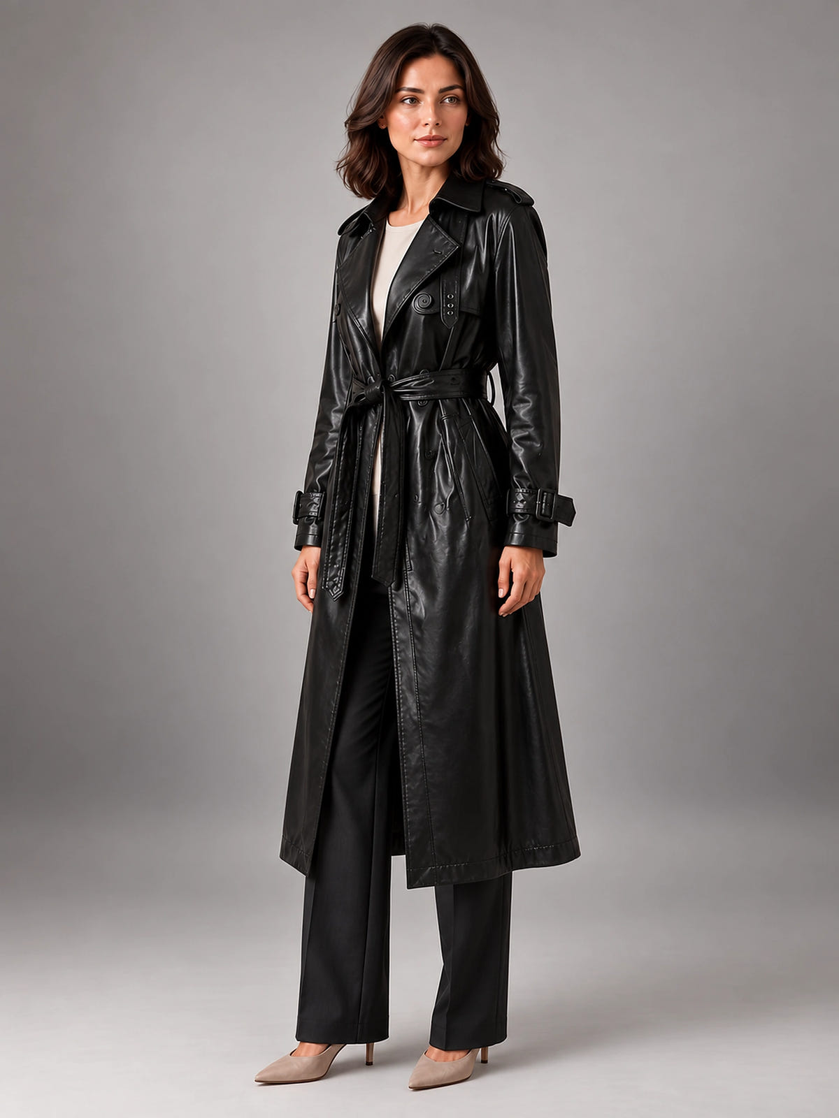 Women's Faux Leather Trench Coat – Longline Double Breasted - Black