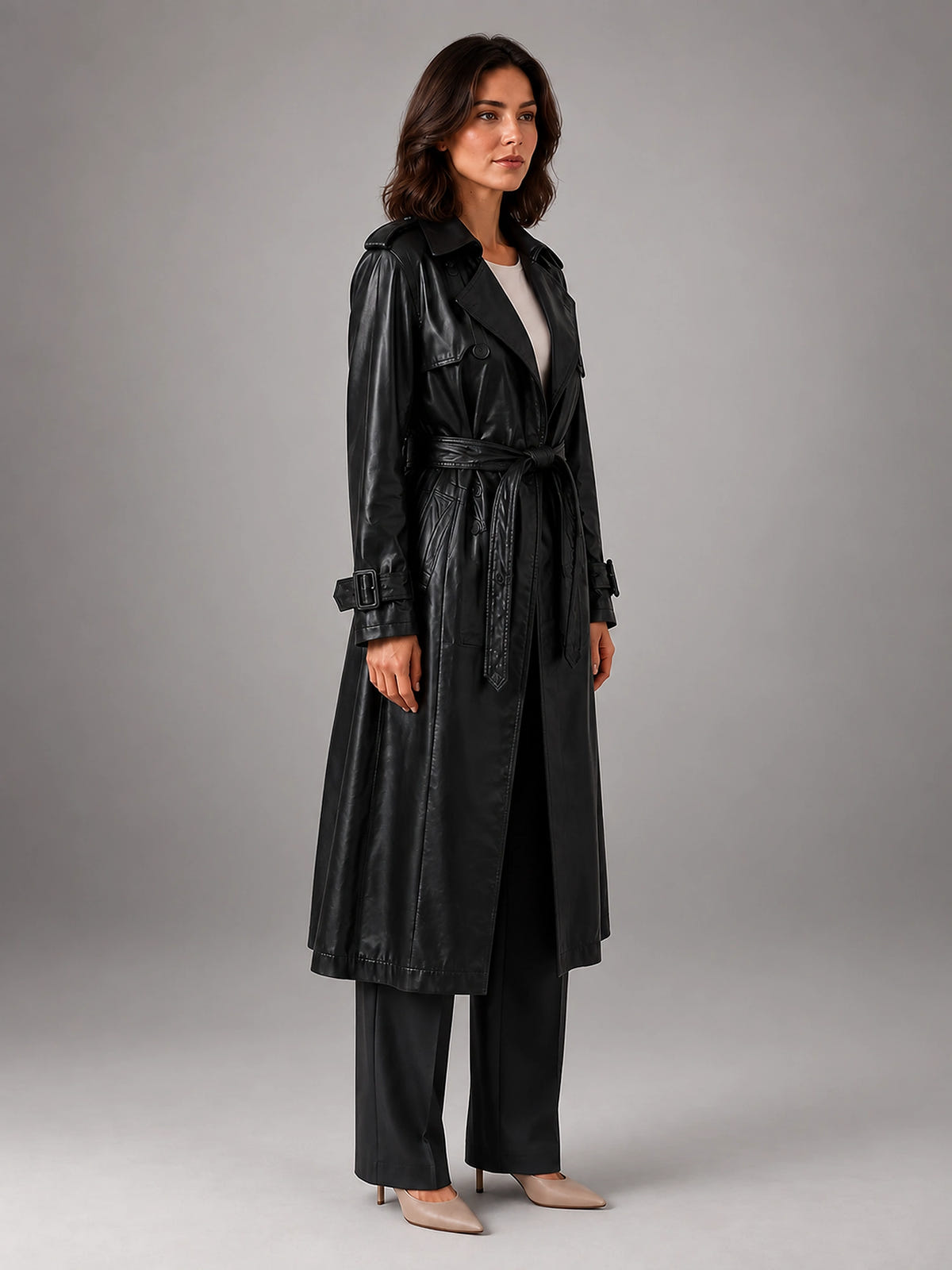Women's Faux Leather Trench Coat – Longline Double Breasted - Black