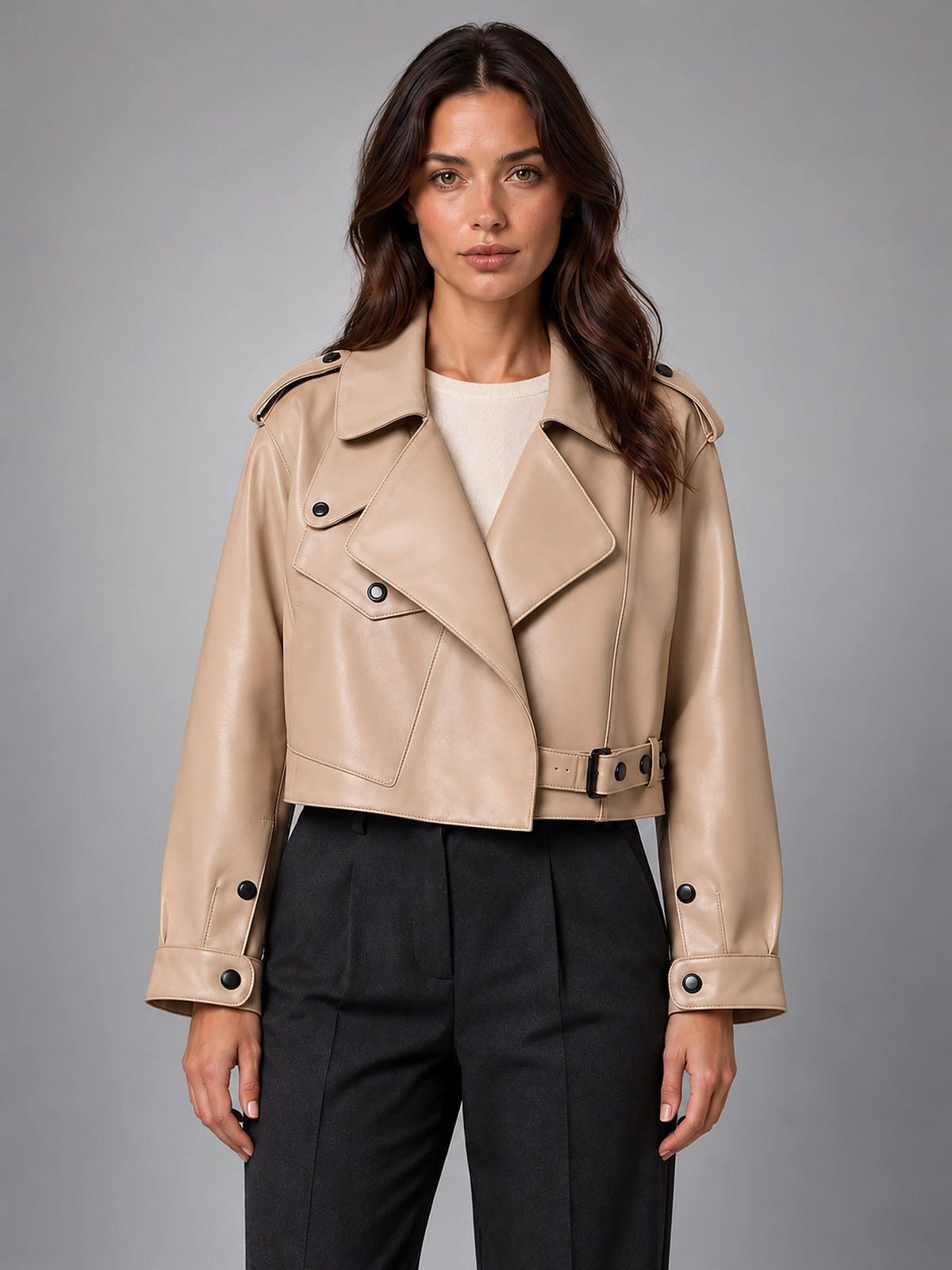 Women's Cropped Faux Leather Trench – Belted Waist - Beige
