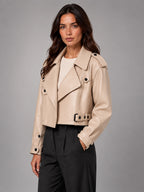 Women's Cropped Faux Leather Trench – Belted Waist - Beige