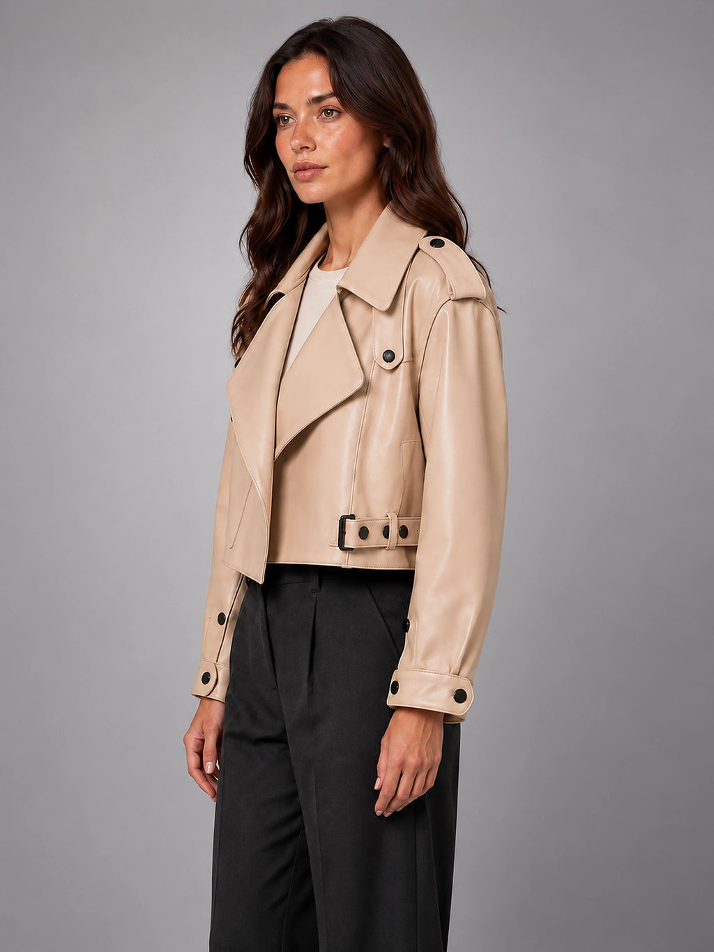 Women's Cropped Faux Leather Trench – Belted Waist - Beige