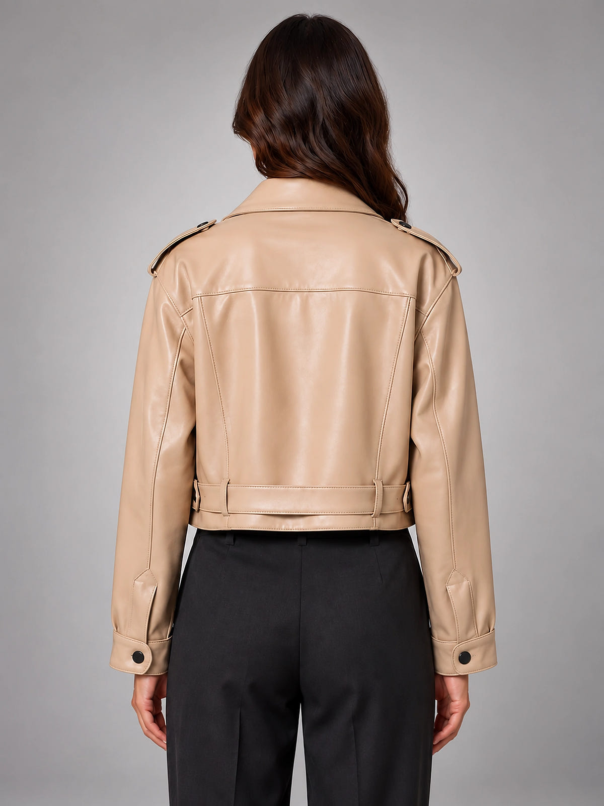 Women's Cropped Faux Leather Trench – Belted Waist - Beige