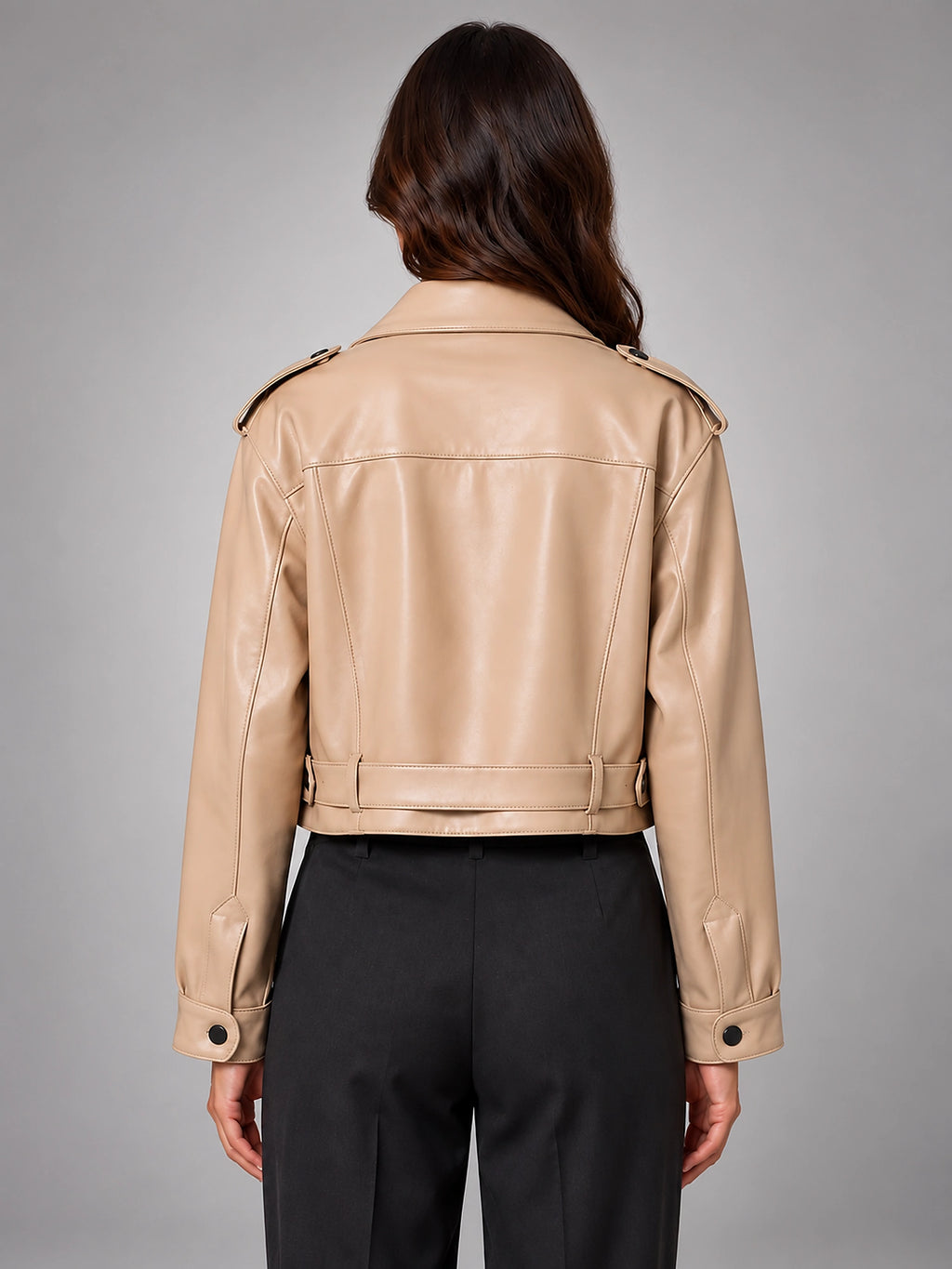 Women's Cropped Faux Leather Trench – Belted Waist - Beige