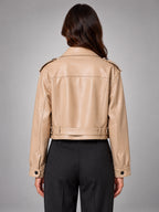 Women's Cropped Faux Leather Trench – Belted Waist - Beige