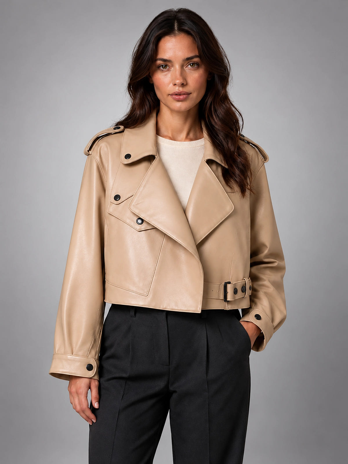 Women's Cropped Faux Leather Trench – Belted Waist - Light Brown
