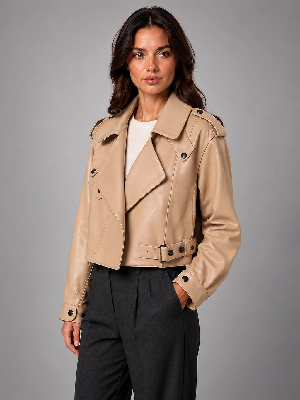 Women's Cropped Faux Leather Trench – Belted Waist