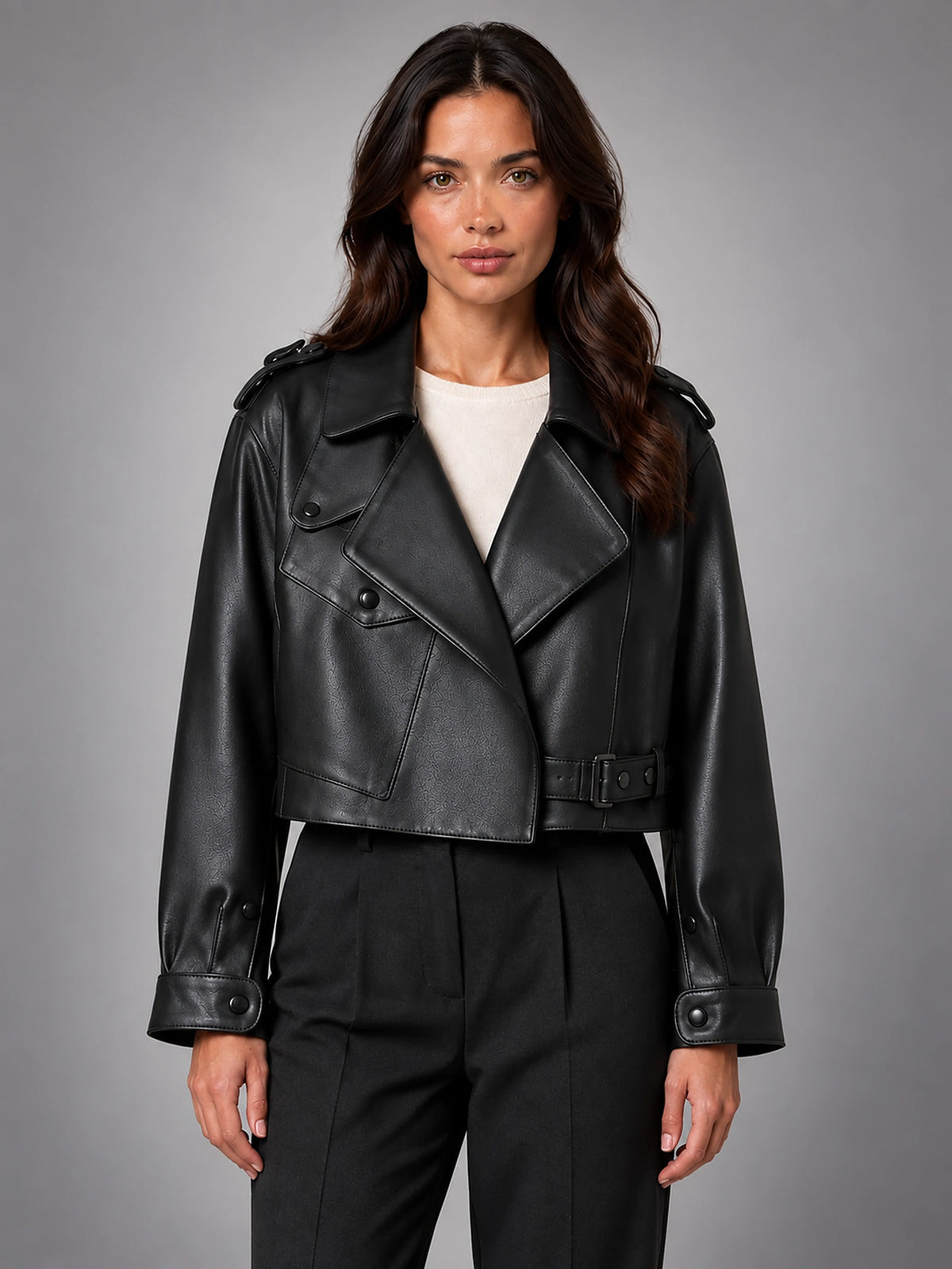 Women's Cropped Faux Leather Trench – Belted Waist - Black