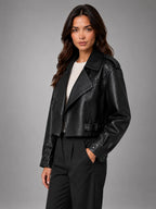 Women's Cropped Faux Leather Trench – Belted Waist - Black