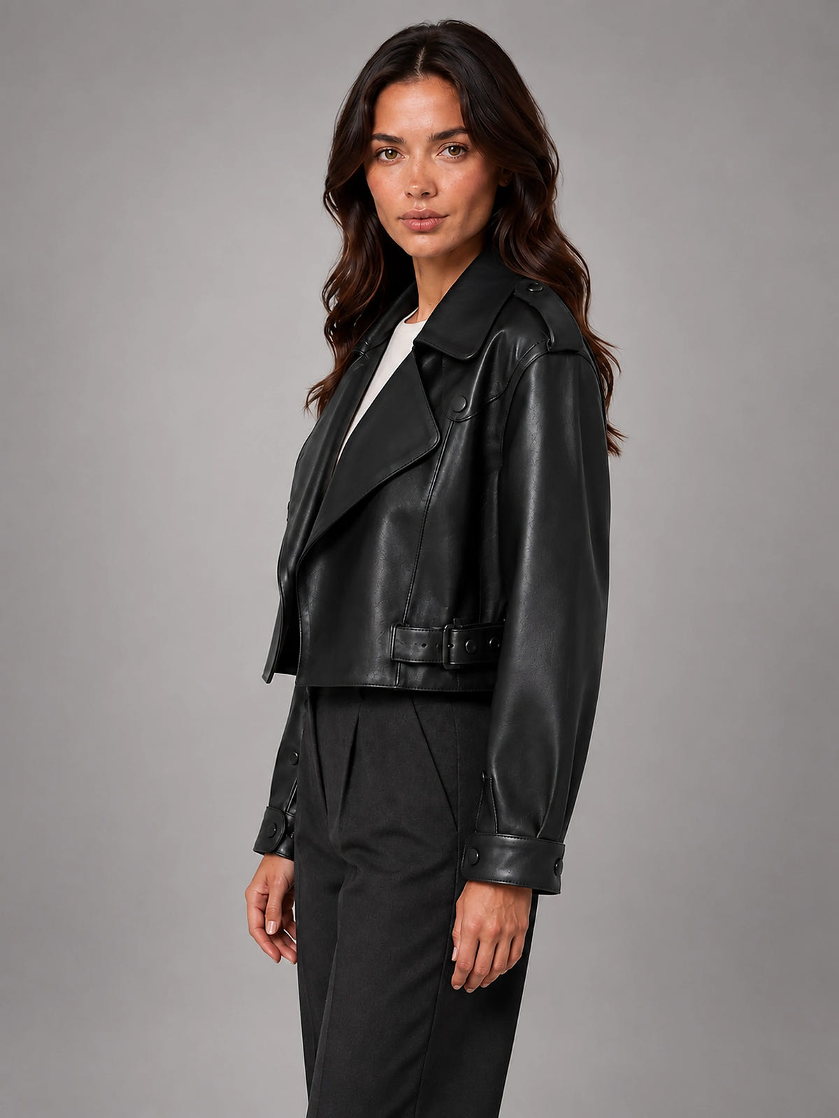 Women's Cropped Faux Leather Trench – Belted Waist - Black