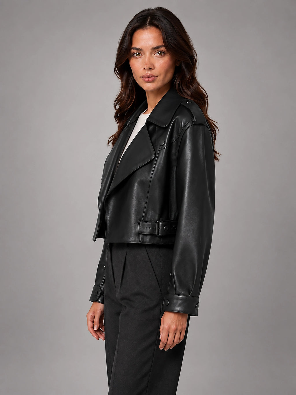 Women's Cropped Faux Leather Trench – Belted Waist - Black