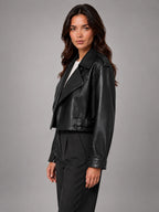 Women's Cropped Faux Leather Trench – Belted Waist - Black