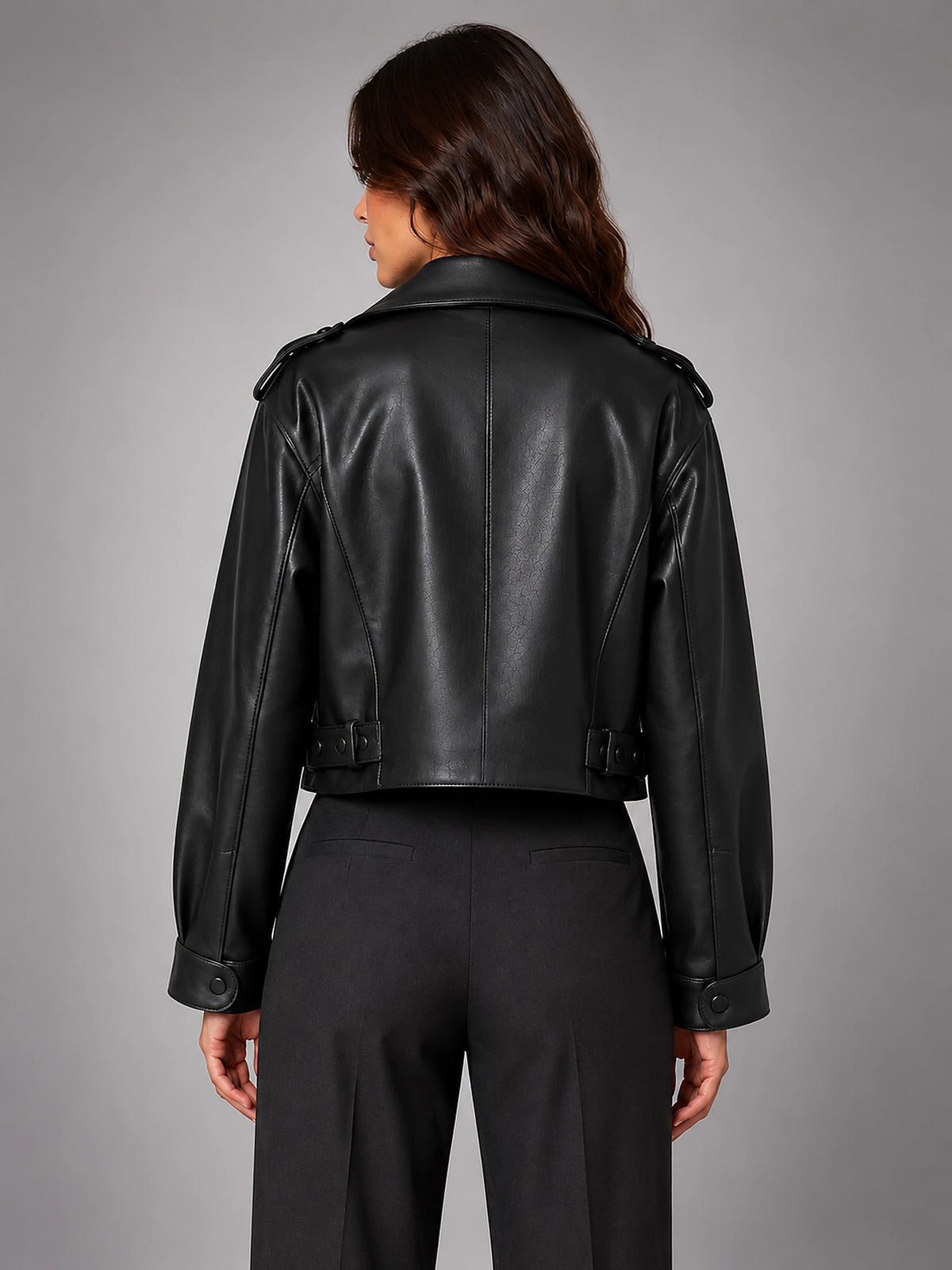 Women's Cropped Faux Leather Trench – Belted Waist - Black
