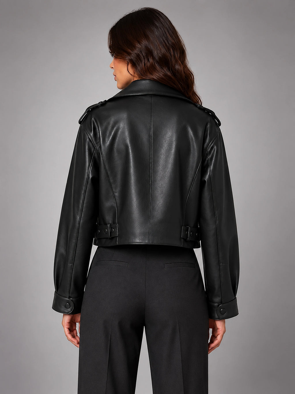 Women's Cropped Faux Leather Trench – Belted Waist - Black