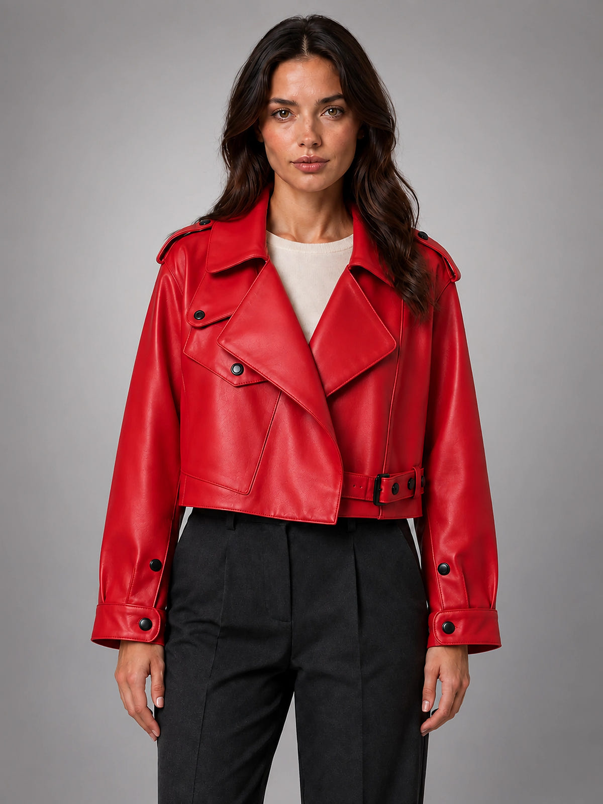 Women's Cropped Faux Leather Trench – Belted Waist - Red