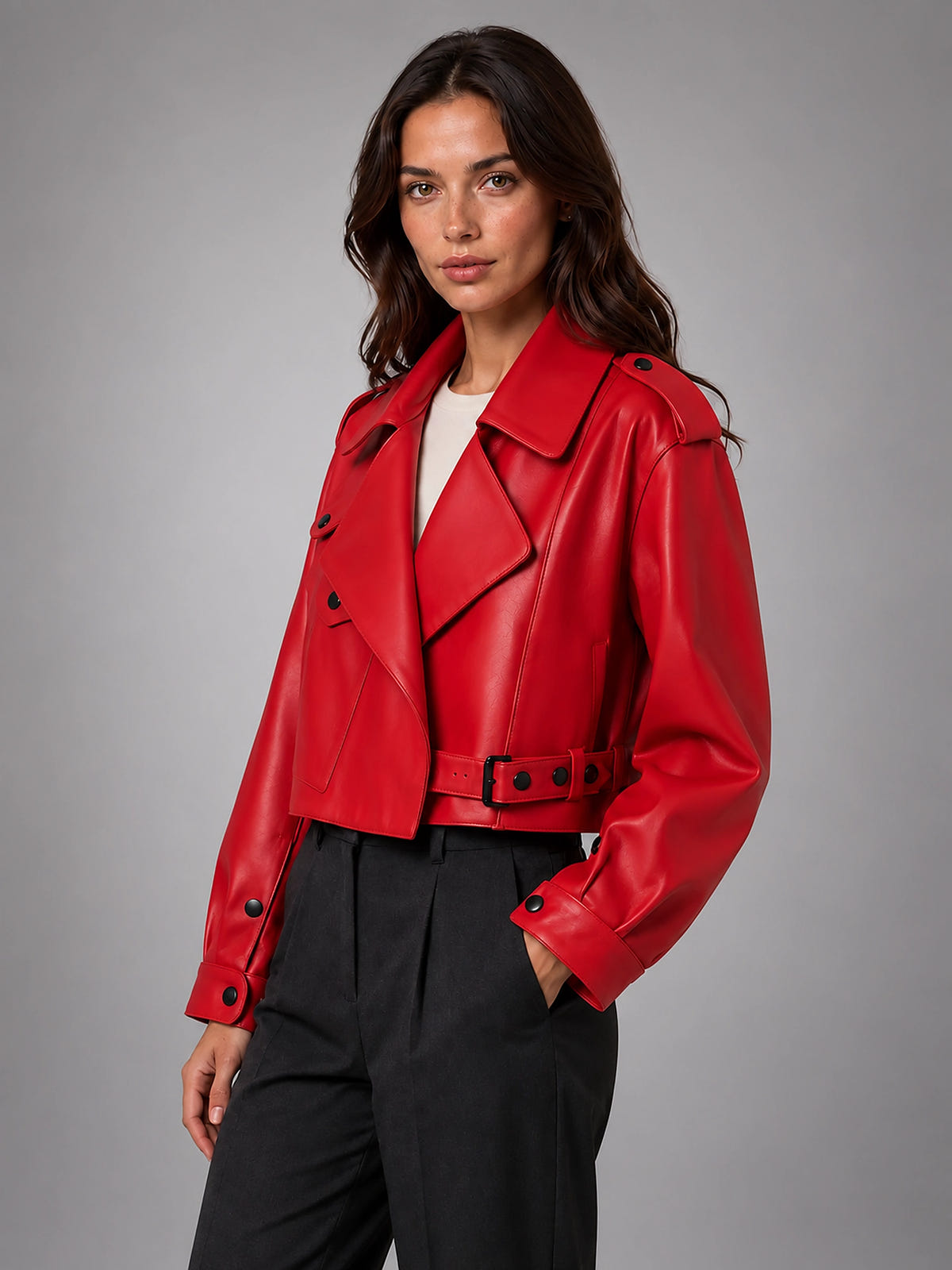 Women's Cropped Faux Leather Trench – Belted Waist - Red