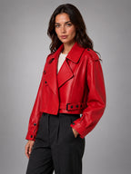Women's Cropped Faux Leather Trench – Belted Waist - Red