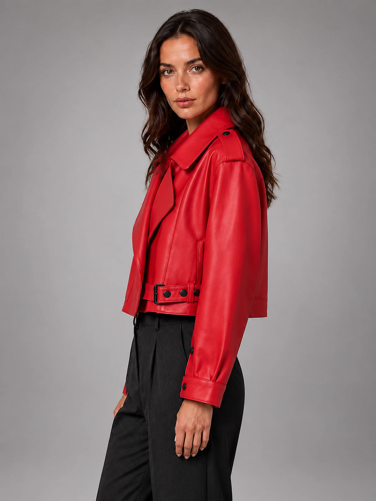 Women's Cropped Faux Leather Trench – Belted Waist - Red
