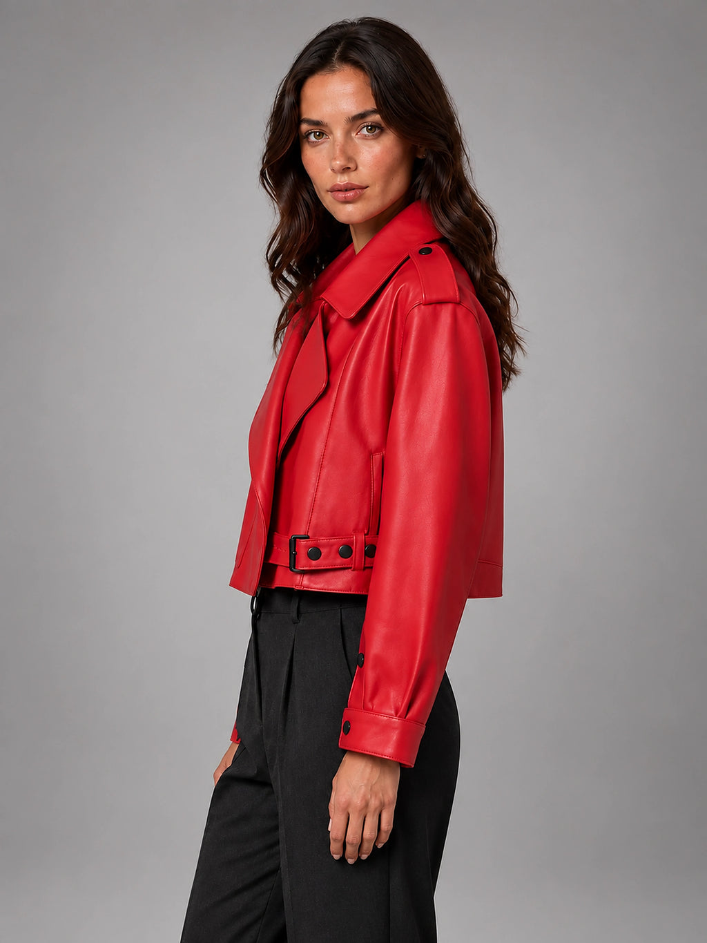 Women's Cropped Faux Leather Trench – Belted Waist - Red