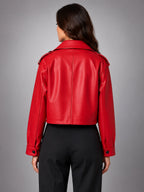 Women's Cropped Faux Leather Trench – Belted Waist - Red