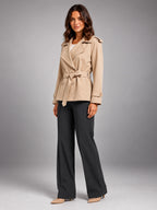Women's Cropped Trench Coat – Oversized Tie Belt - Apricot