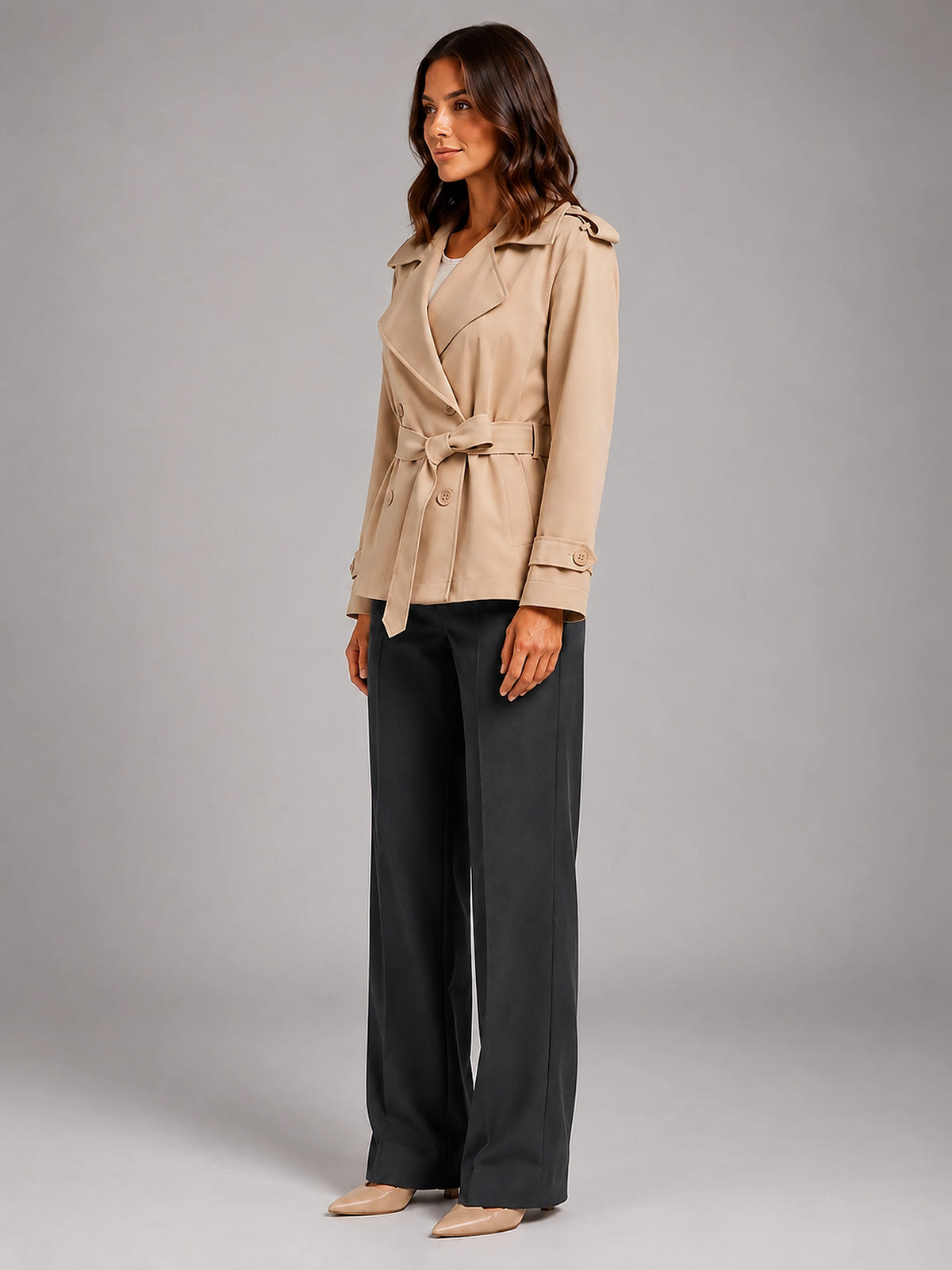 Women's Cropped Trench Coat – Oversized Tie Belt - Apricot