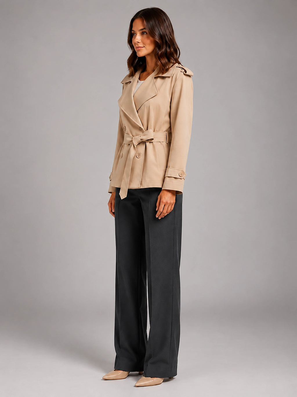 Women's Cropped Trench Coat – Oversized Tie Belt - Apricot