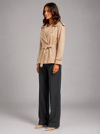 Women's Cropped Trench Coat – Oversized Tie Belt - Apricot