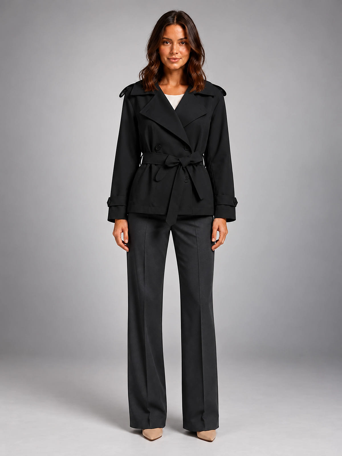 Women's Cropped Trench Coat – Oversized Tie Belt - Black