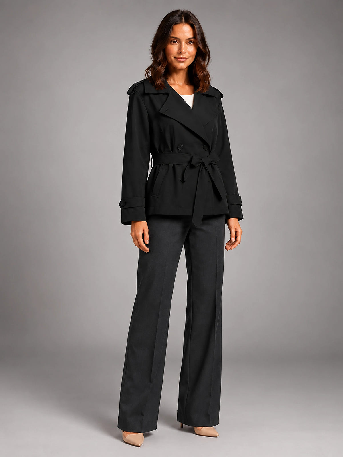 Women's Cropped Trench Coat – Oversized Tie Belt - Black