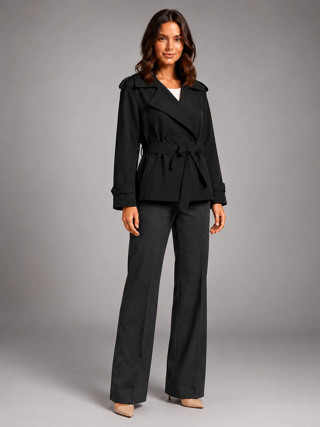 Women's Cropped Trench Coat – Oversized Tie Belt - Black
