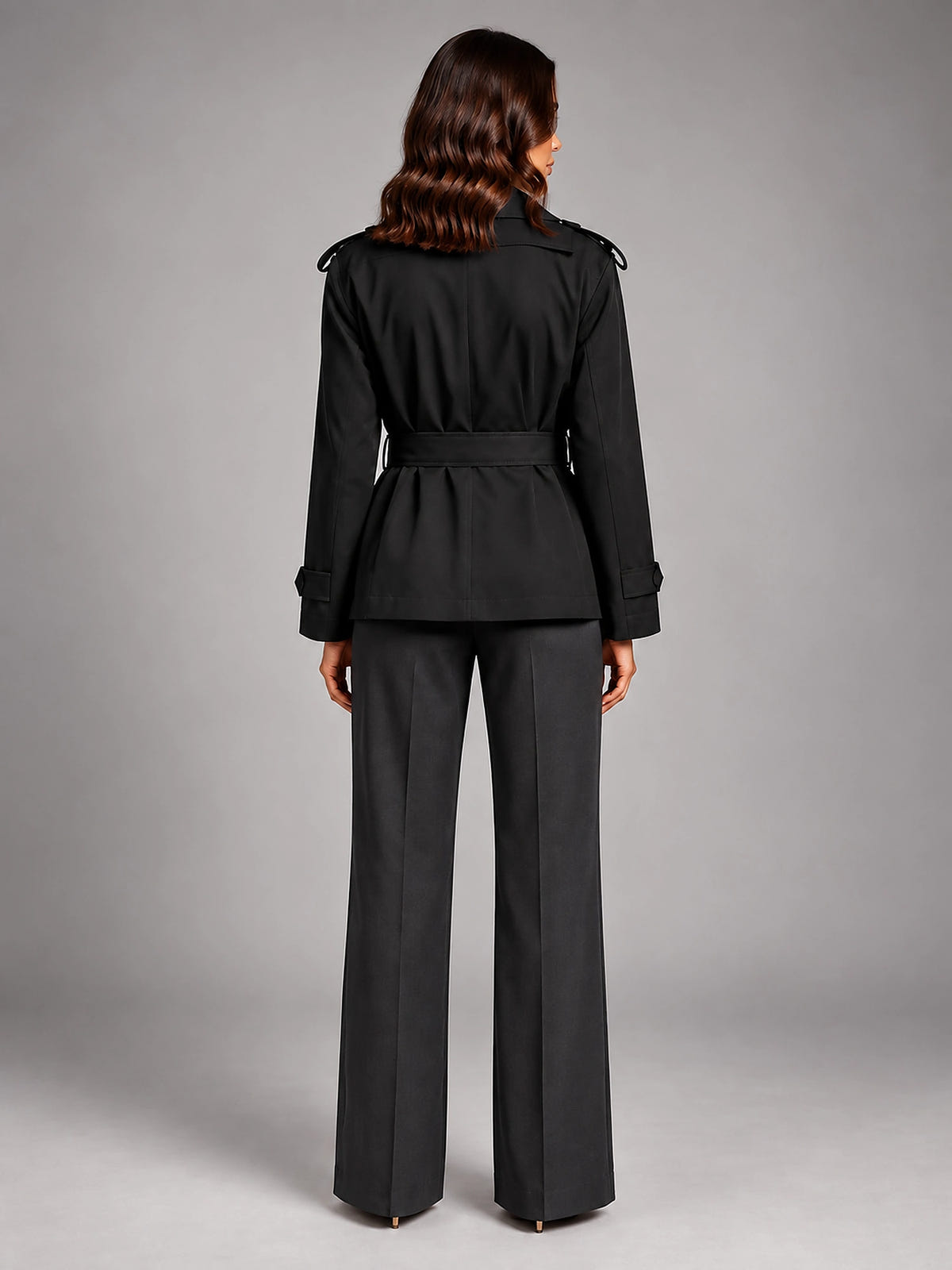 Women's Cropped Trench Coat – Oversized Tie Belt - Black