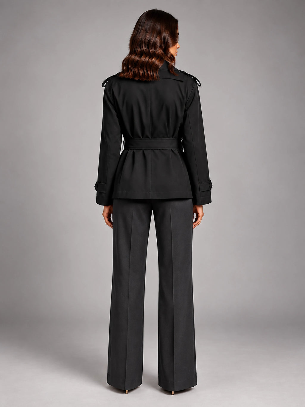 Women's Cropped Trench Coat – Oversized Tie Belt - Black