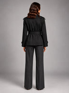Women's Cropped Trench Coat – Oversized Tie Belt - Black