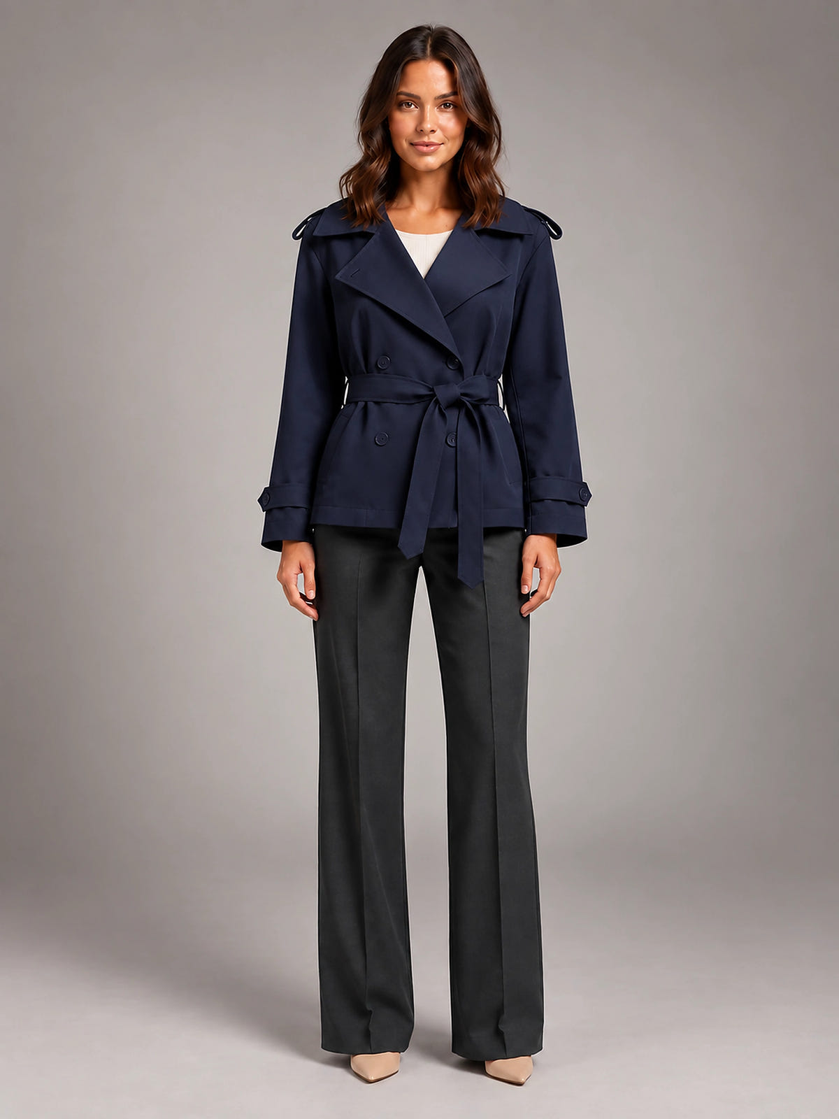 Women's Cropped Trench Coat – Oversized Tie Belt - Navy Blue