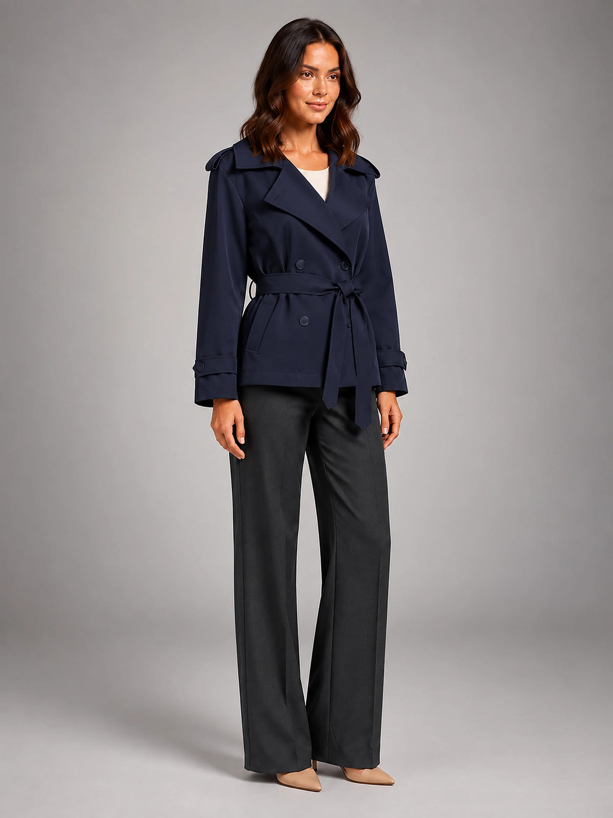 Women's Cropped Trench Coat – Oversized Tie Belt - Navy Blue
