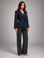 Women's Cropped Trench Coat – Oversized Tie Belt - Navy Blue