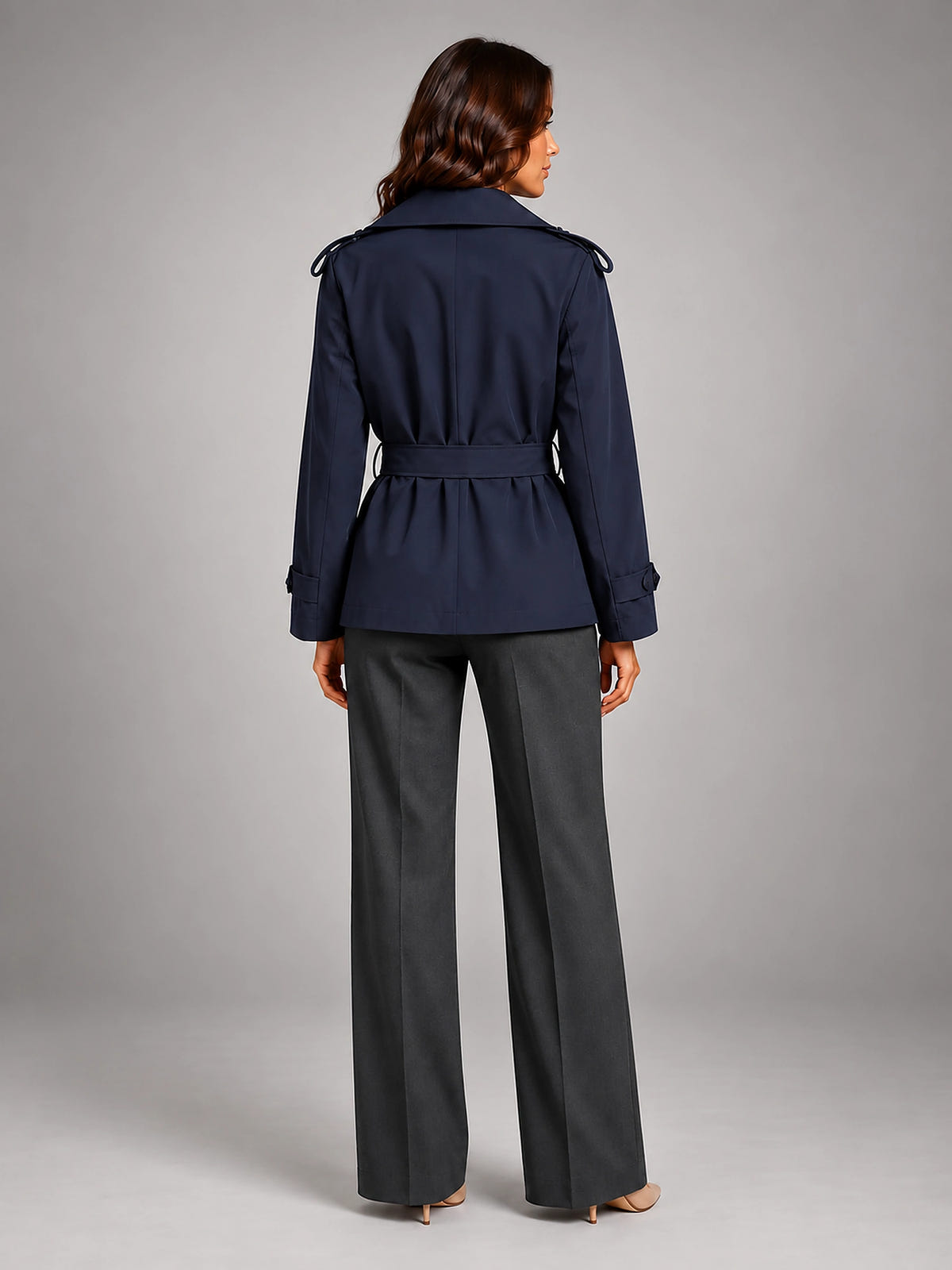 Women's Cropped Trench Coat – Oversized Tie Belt - Navy Blue
