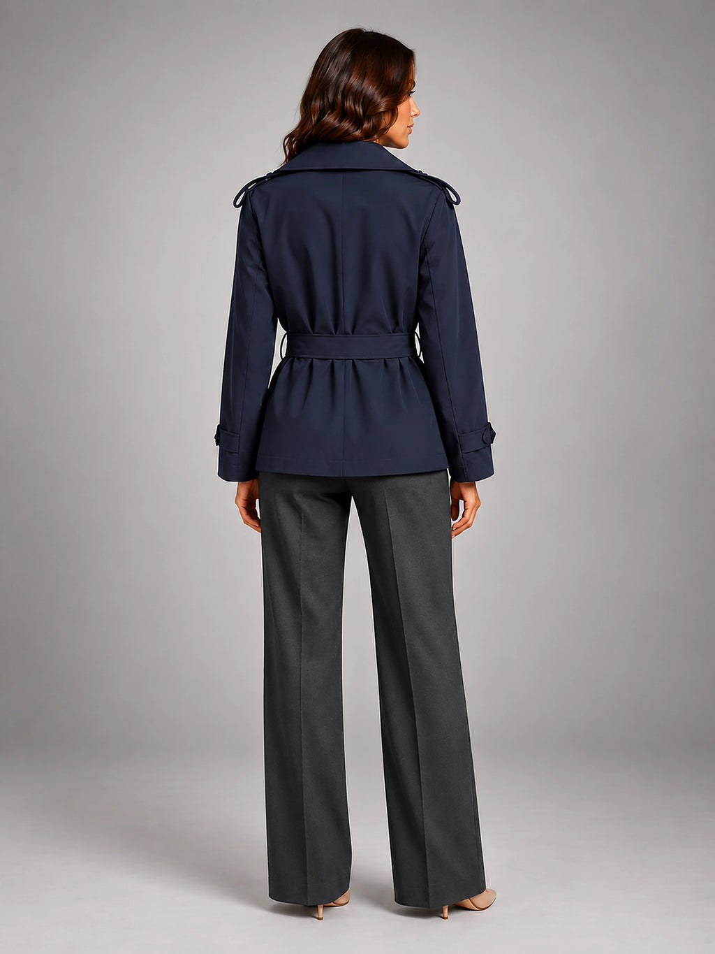 Women's Cropped Trench Coat – Oversized Tie Belt - Navy Blue