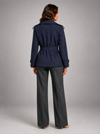 Women's Cropped Trench Coat – Oversized Tie Belt - Navy Blue