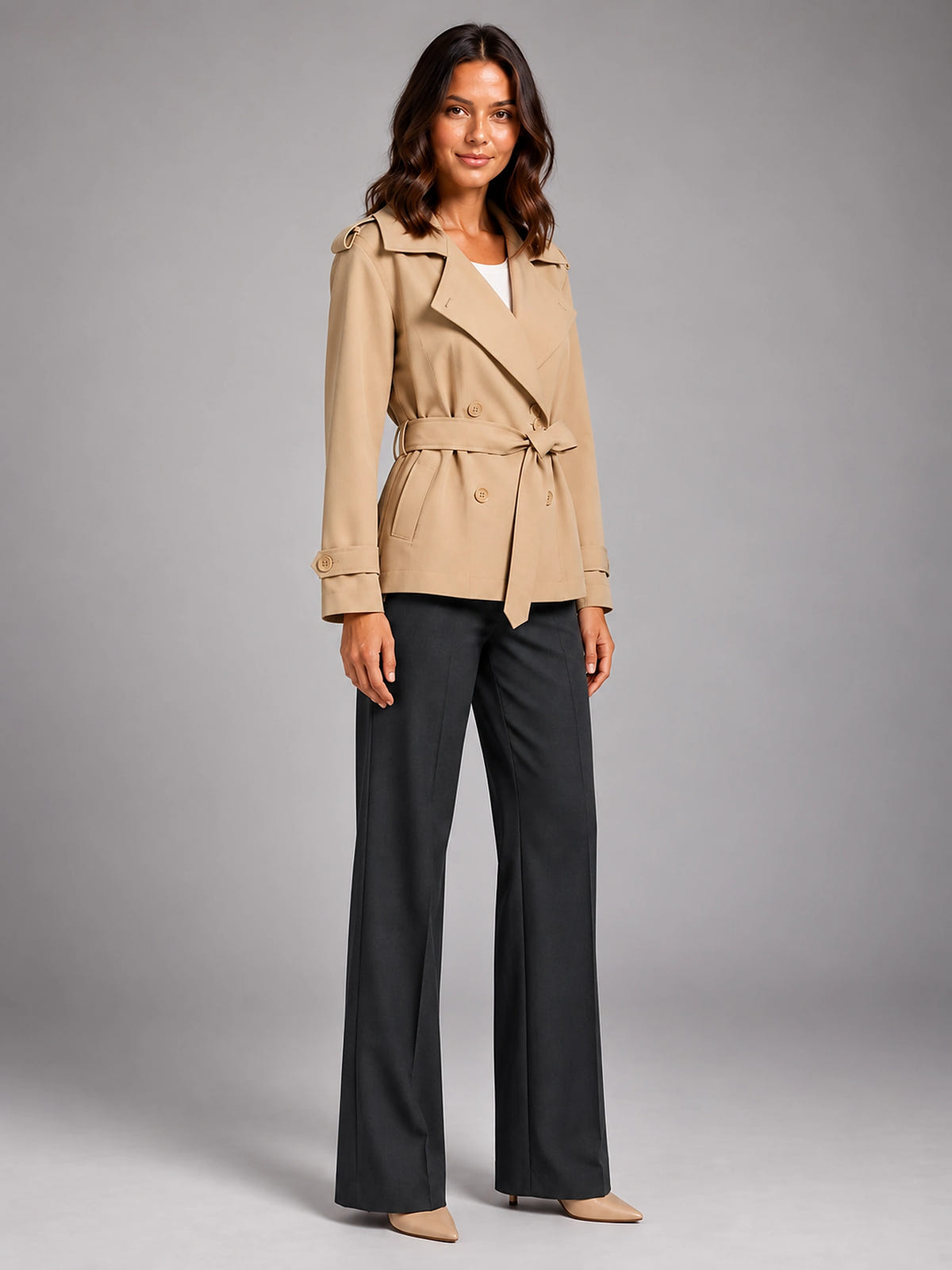 Women's Cropped Trench Coat – Oversized Tie Belt - Khaki