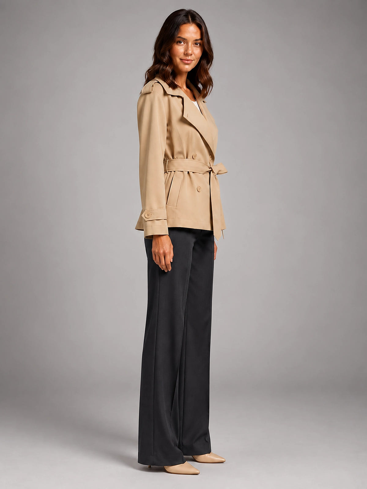 Women's Cropped Trench Coat – Oversized Tie Belt - Khaki