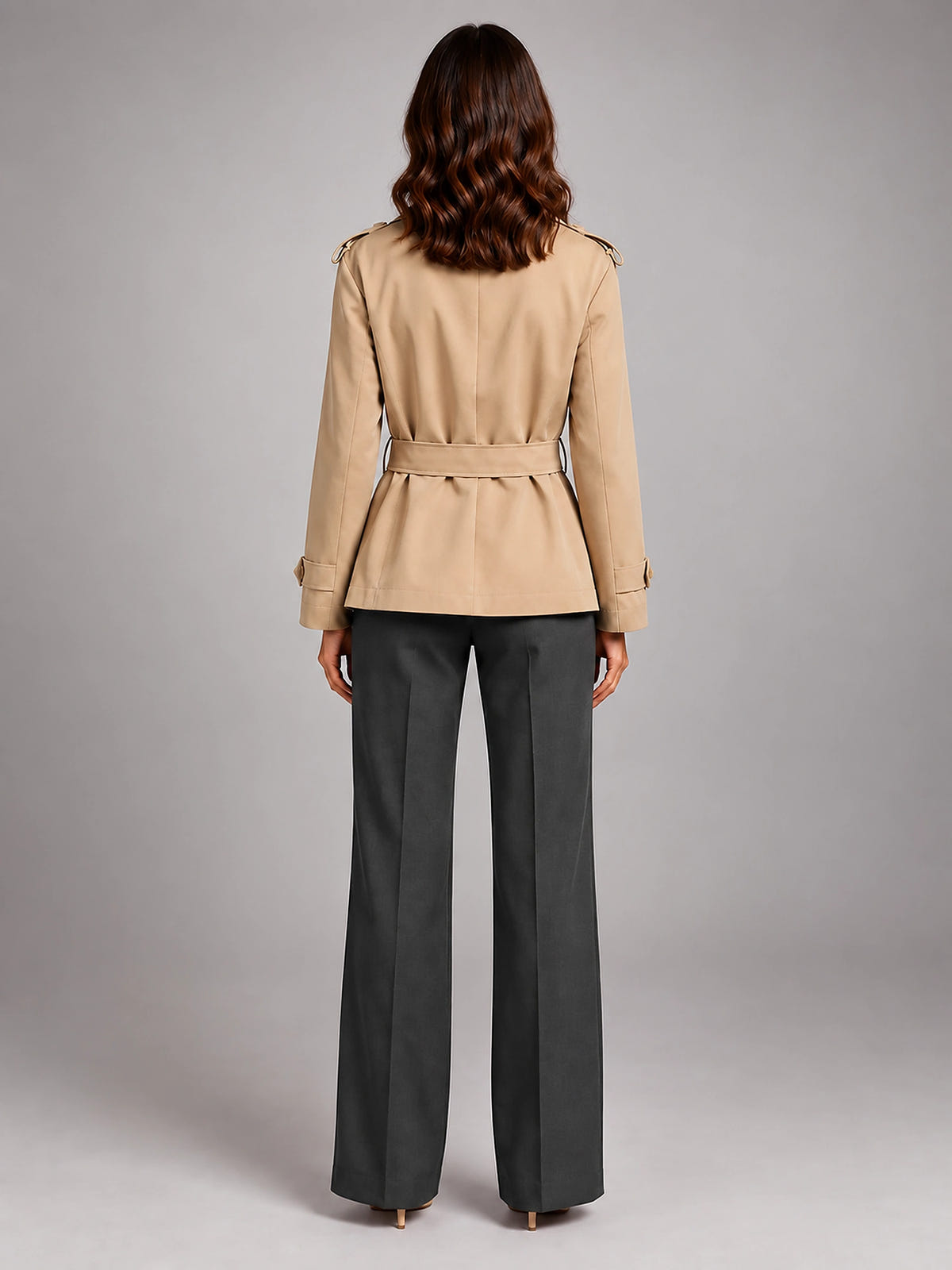 Women's Cropped Trench Coat – Oversized Tie Belt - Khaki
