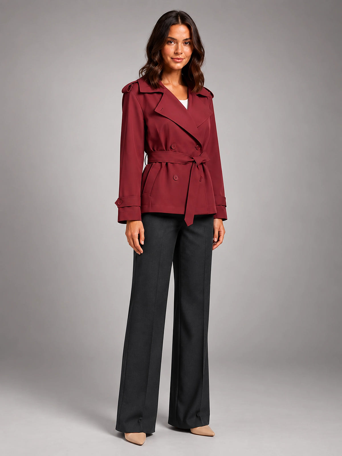 Women's Cropped Trench Coat – Oversized Tie Belt - Red