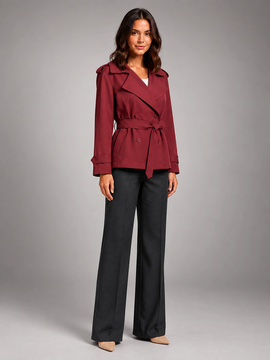 Women's Cropped Trench Coat – Oversized Tie Belt - Red