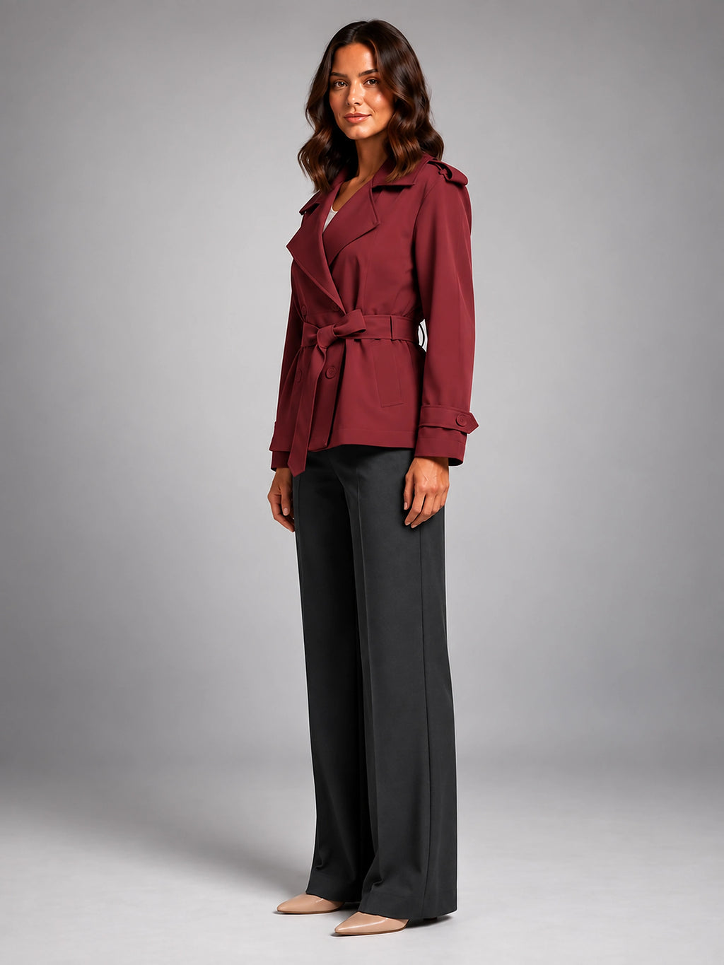 Women's Cropped Trench Coat – Oversized Tie Belt - Red